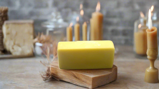 8 oz raw filtered golden beeswax bar for candle making and natural home crafts.