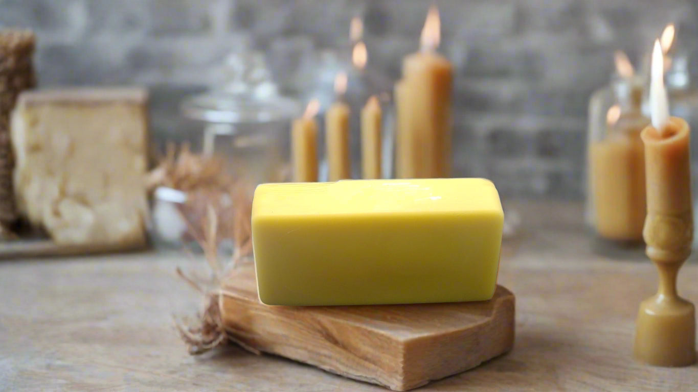 8 oz raw filtered golden beeswax bar for candle making and natural home crafts.